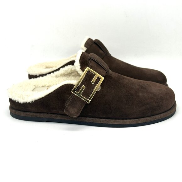 FENDI Feel FF Shearling  Buckled Sabots Mules Slides Flat Clog Sandals - Picture 11 of 16